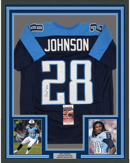 Framed Autographed/Signed Chris Johnson 35x39 Tennessee Dark Blue Football Jersey JSA COA
