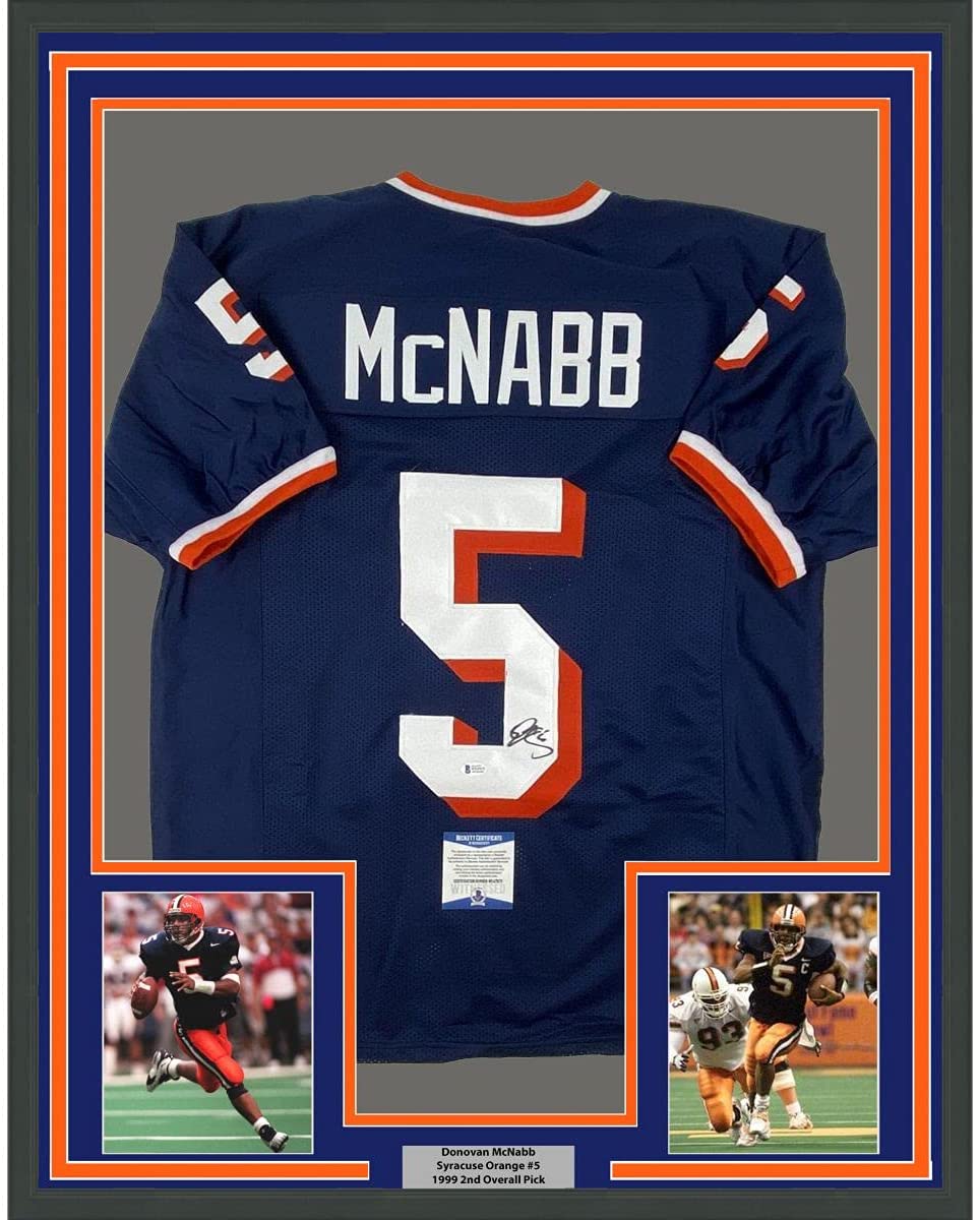 Framed Autographed/Signed Donovan McNabb 35x39 Syracuse Blue College Football Jersey Beckett BAS COA