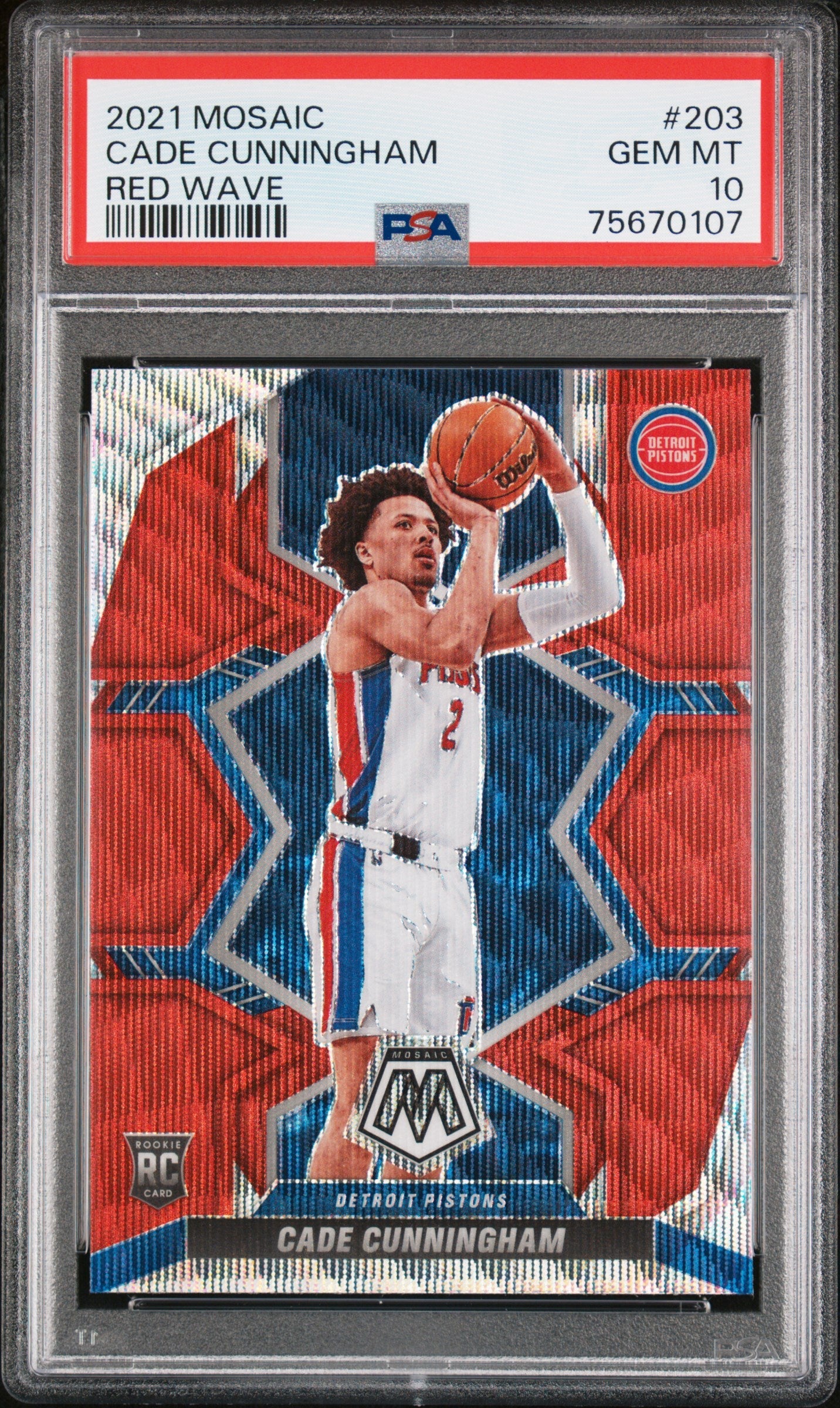 Graded 2021 Panini Mosaic Cade Cunningham #203 Red Wave Rookie RC Basketball Card PSA 10 Gem Mint