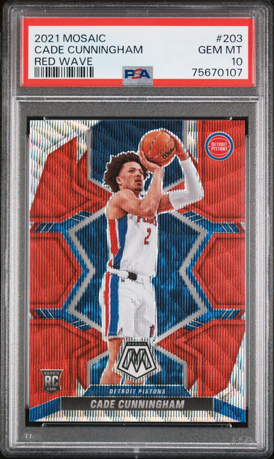 Graded 2021 Panini Mosaic Cade Cunningham #203 Red Wave Rookie RC Basketball Card PSA 10 Gem Mint