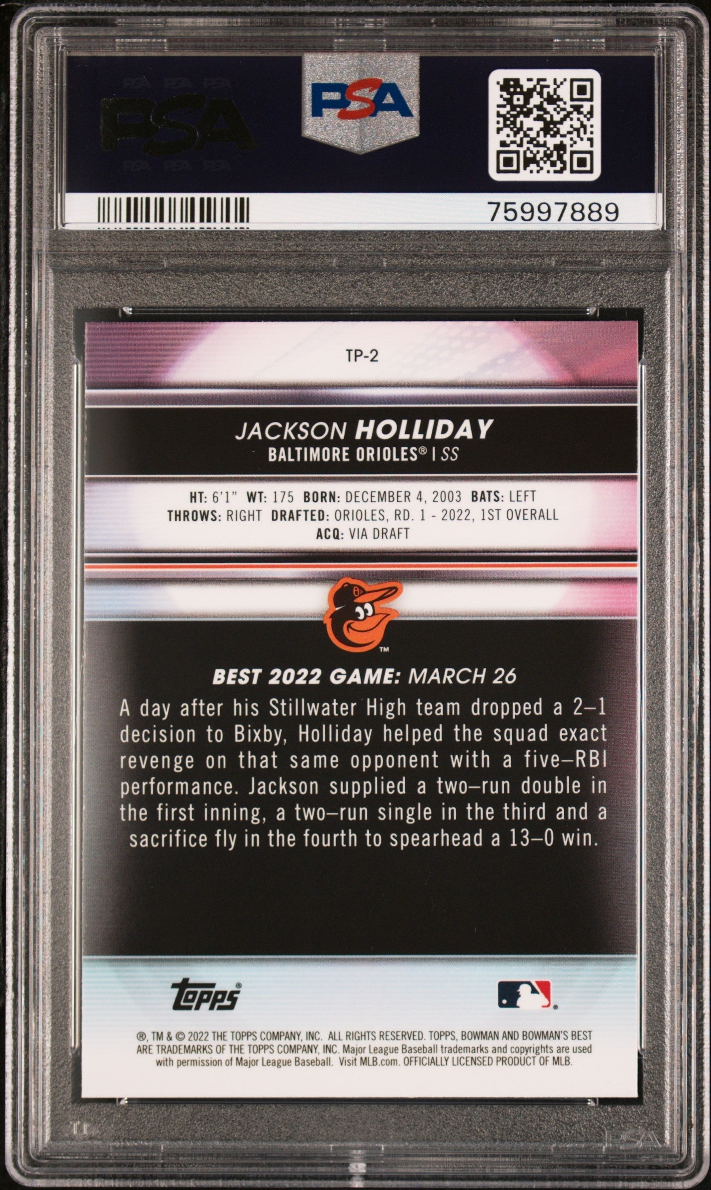 Graded 2022 Topps Bowmans Best Jackson Holliday #TP2 Top Prospects-Atomic Refractor Rookie RC Baseball Card PSA 10 Gem Mint