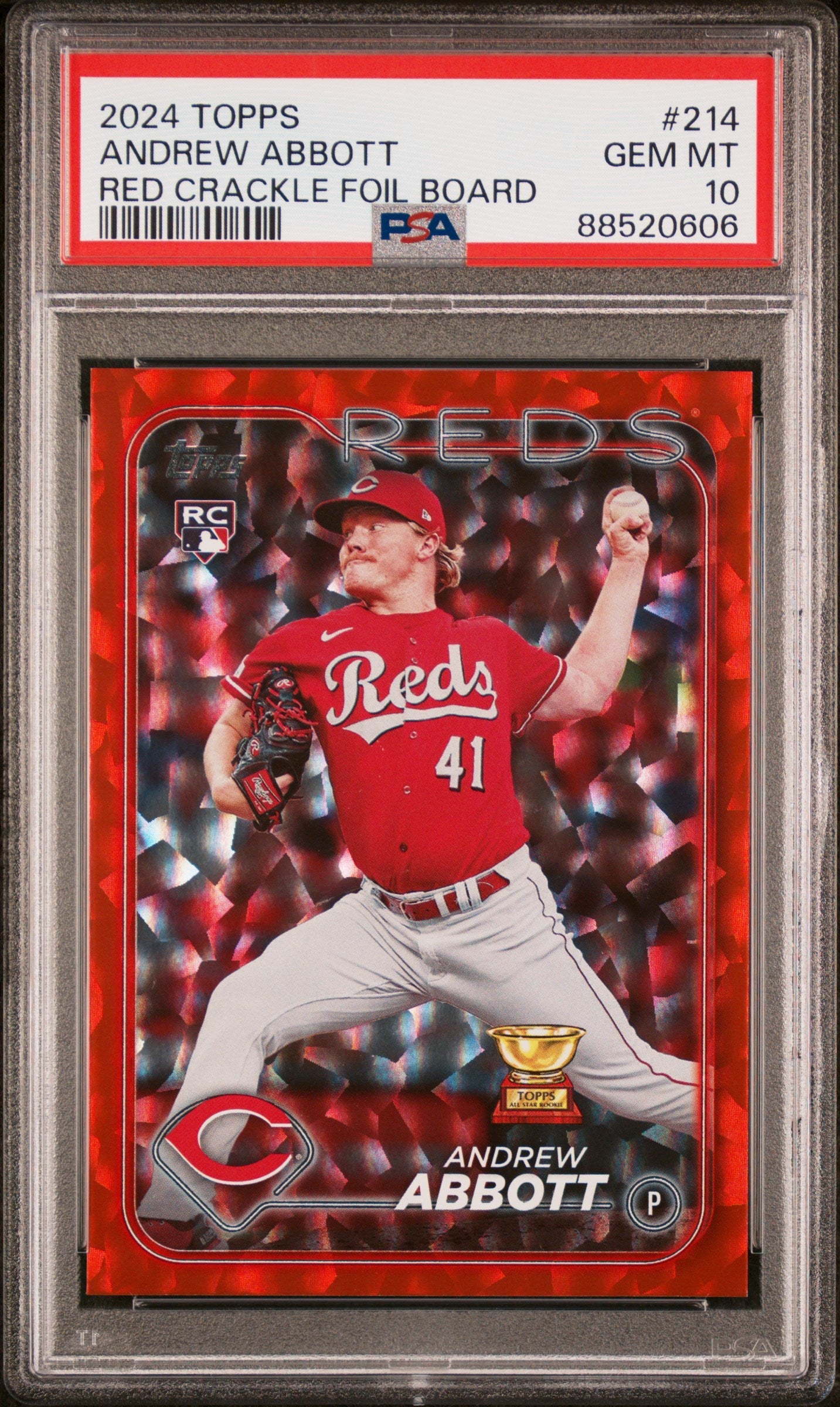 Graded 2024 Topps Andrew Abbott #214 Red Crackle Foil Board /199 Rookie RC Baseball Card PSA 10 Gem Mint