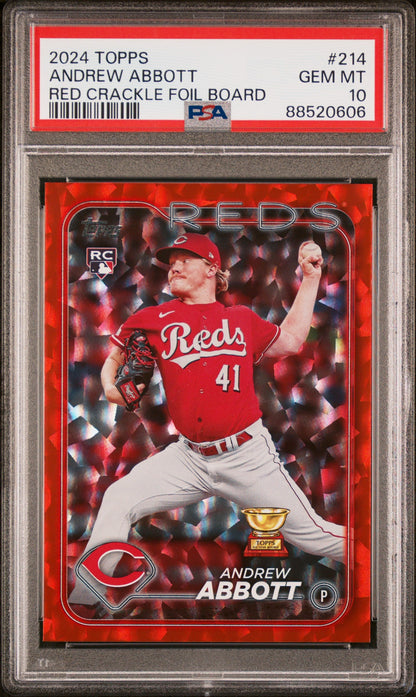 Graded 2024 Topps Andrew Abbott #214 Red Crackle Foil Board /199 Rookie RC Baseball Card PSA 10 Gem Mint