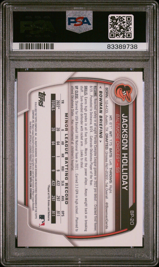 Graded 2023 Topps Bowman Jackson Holliday #BP20 Paper Prospects Rookie RC Baseball Card PSA 10 Gem Mint