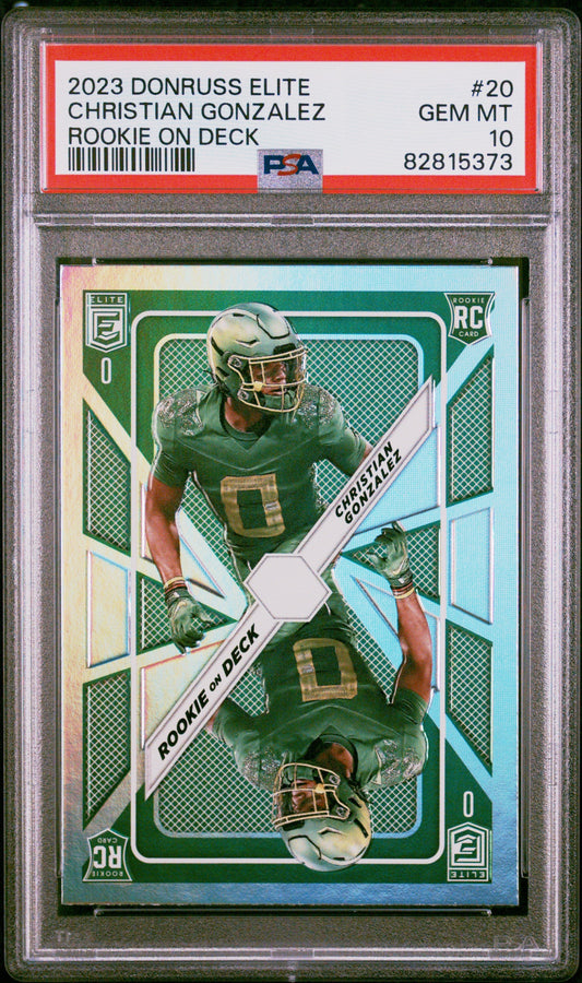 Graded 2023 Panini Donruss Elite Christian Gonzalez #20 Rookie on Deck Rookie RC Football Card PSA 10 Gem Mint