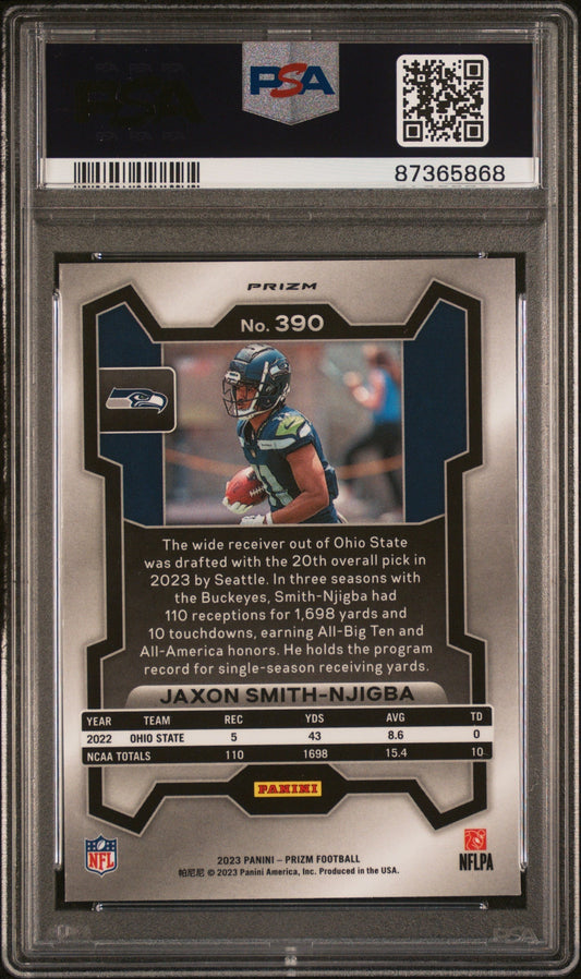 Graded 2023 Panini Prizm Jaxon Smith-Njigba #390 Neon Green Pulsar Rookie RC Football Card PSA 10 Gem Mint