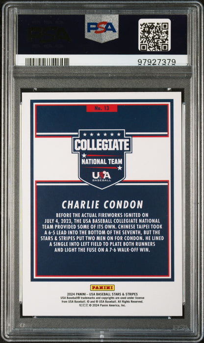 Graded 2024 Panini Stars & Stripes USA Charlie Condon #13 Opening Day Rookie RC Baseball Card PSA 10 Gem Mint