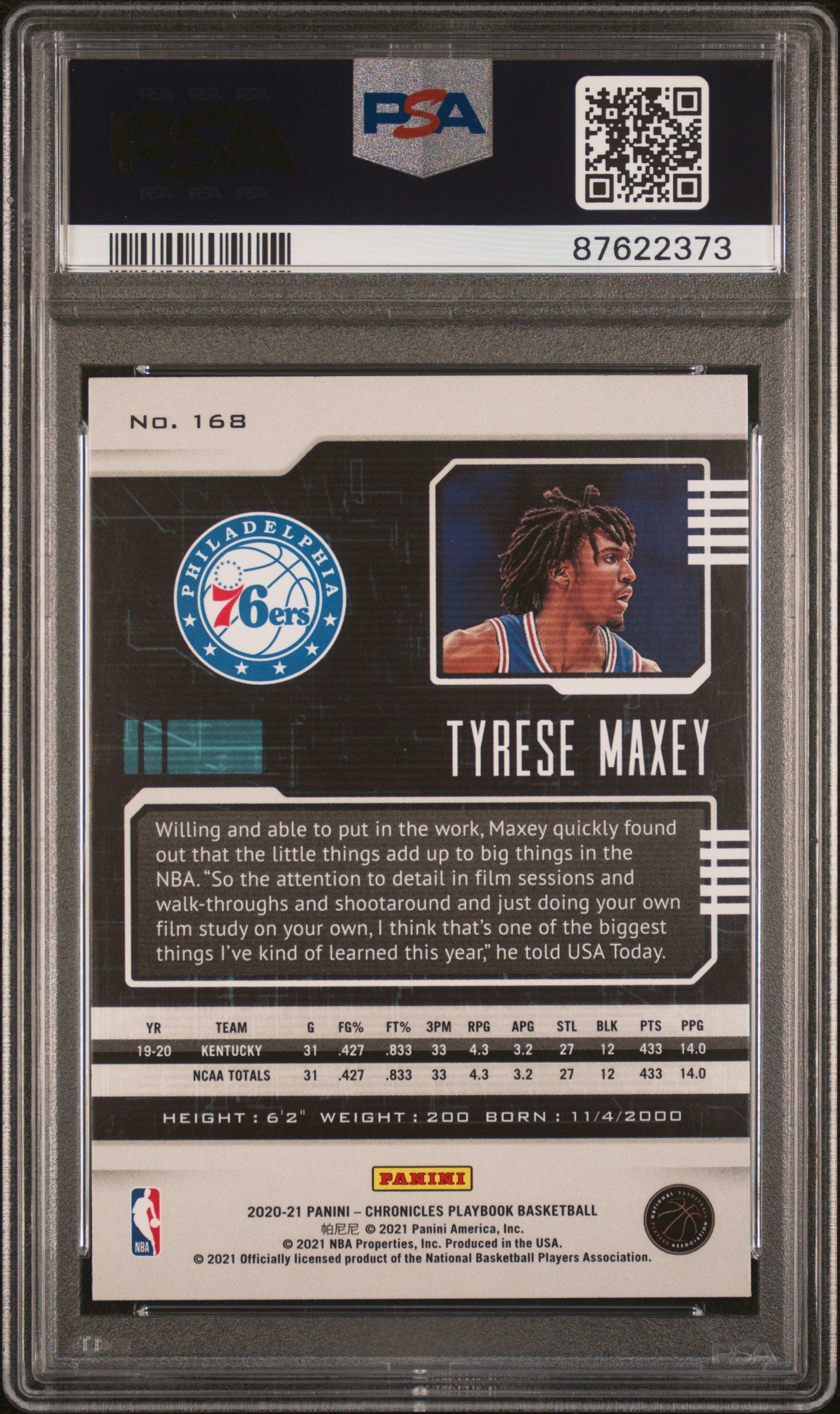 Graded 2020 Panini Chronicles Tyrese Maxey #168 Rookie RC Basketball Card PSA 10 Gem Mint