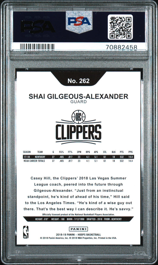 Graded 2018 Panini Hoops Shai Gilgeous-Alexander #262 Rookie RC Basketball Card PSA 10 Gem Mint