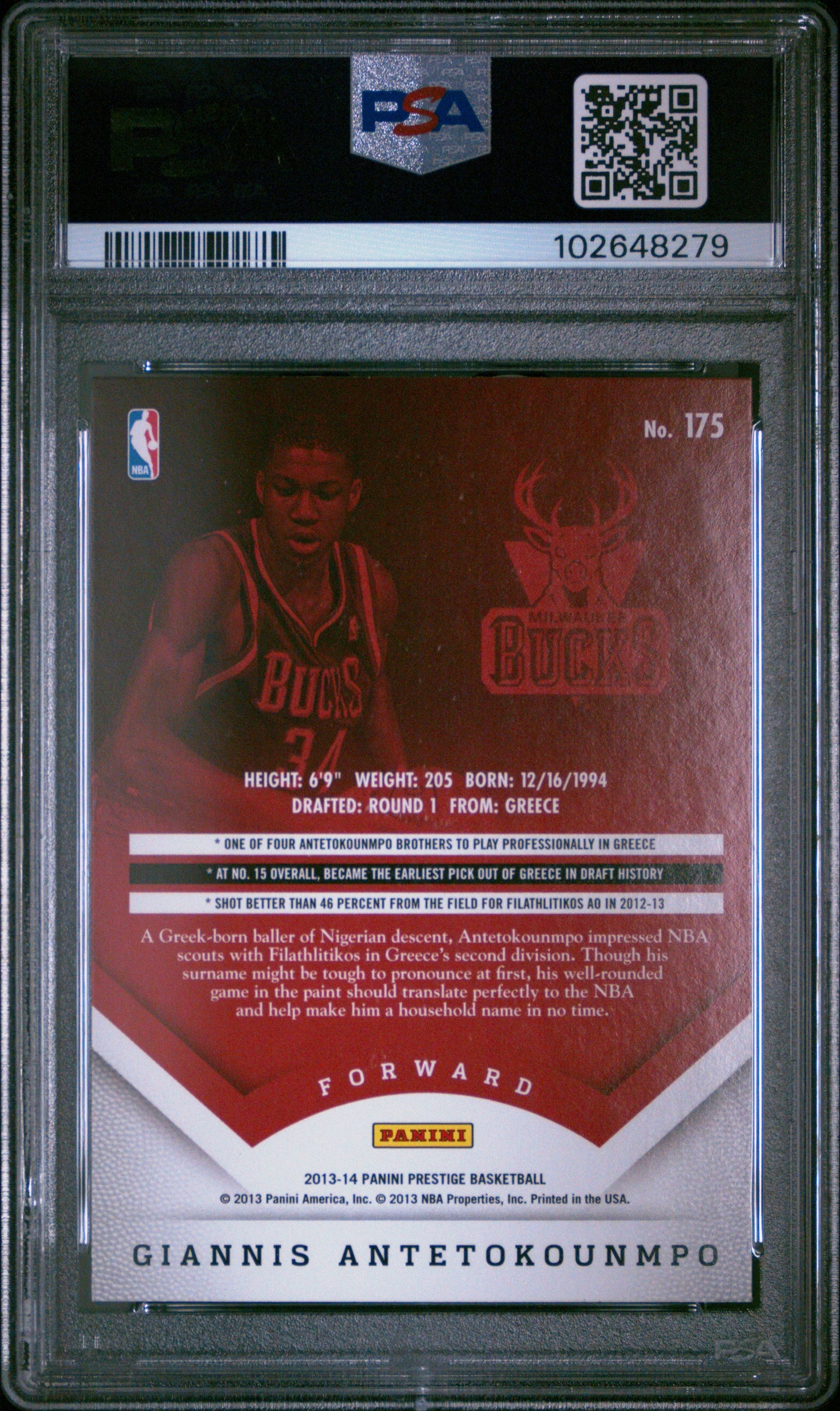 Graded 2013 Panini Prestige Giannis Antetokounmpo #175 Rookie RC Basketball Card PSA 10 Gem Mint