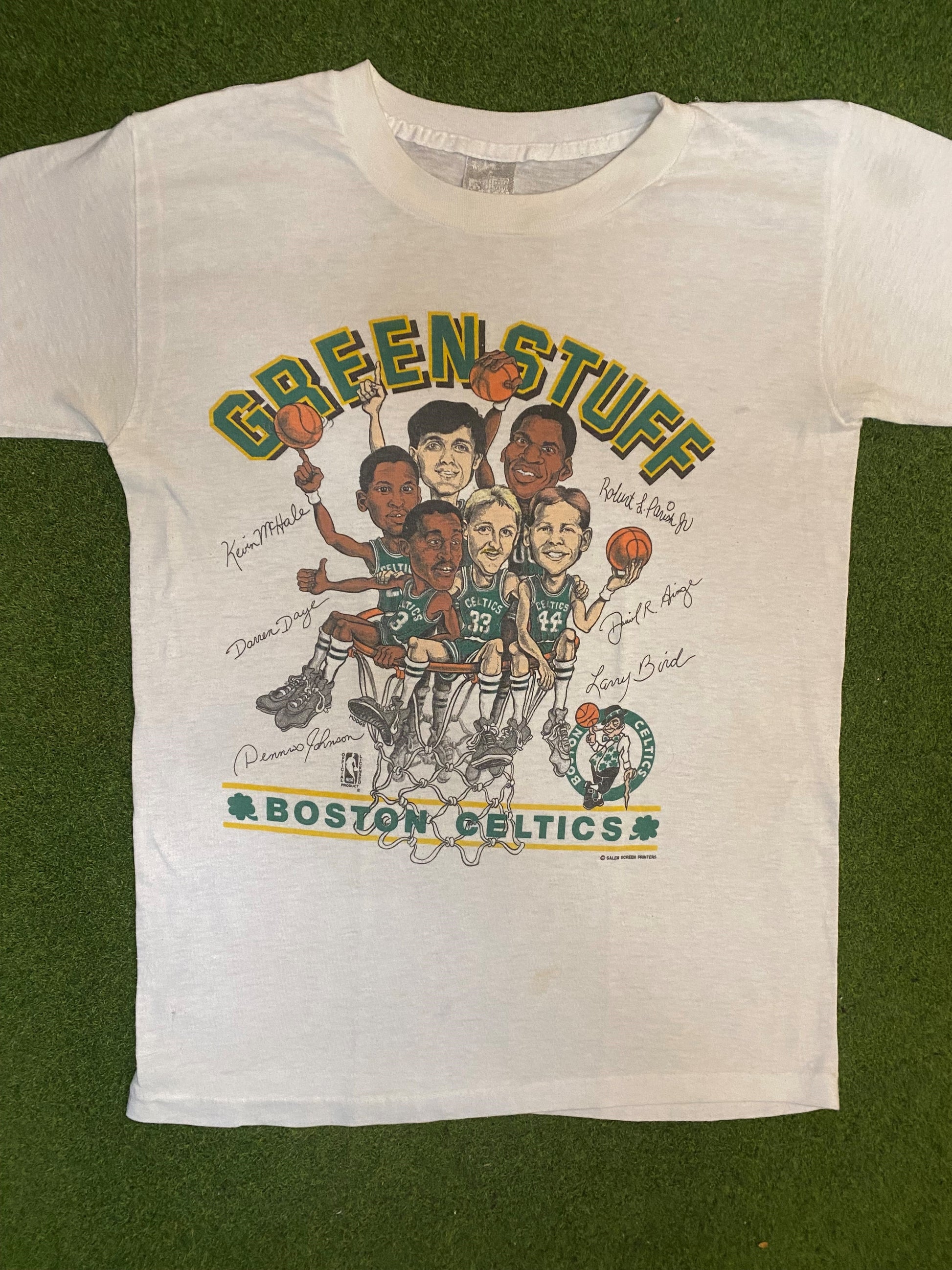 80s Boston Celtics - Caricature - Vintage NBA Player T-Shirt (Medium) 