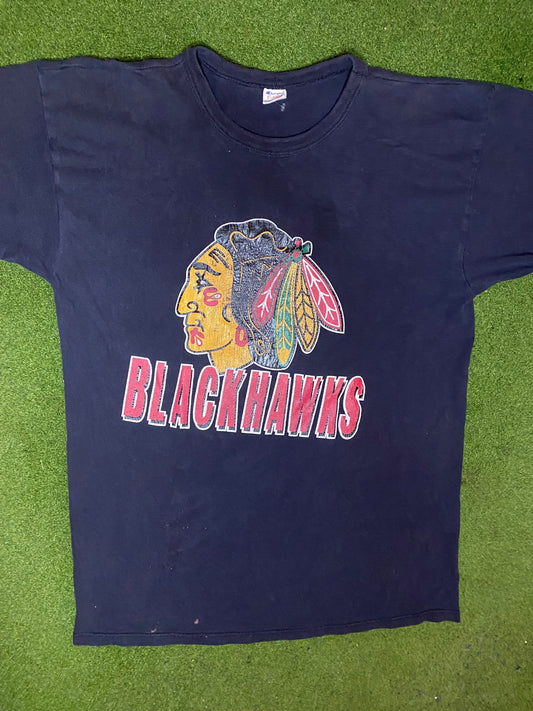 80s Chicago Blackhawks - Vintage NHL T-Shirt (XL) 