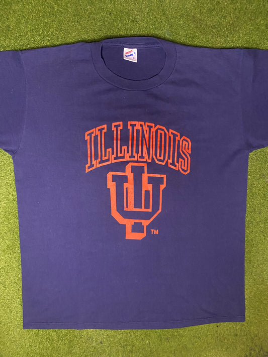 80s Illinois Fighting Illini - Vintage College T Shirt (XL) - Gametime Vintage