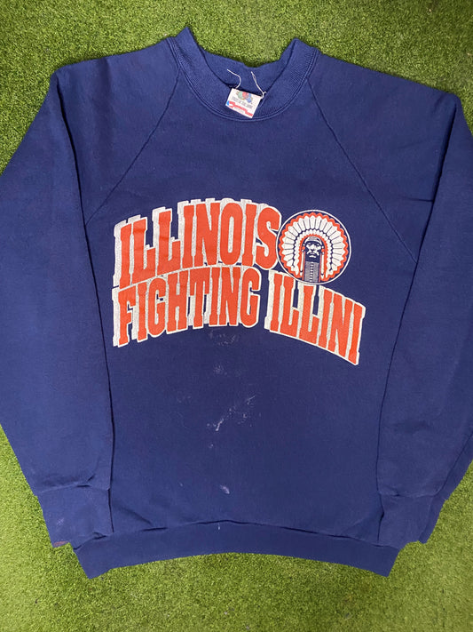 80s Illinois Fighting Illini - Vintage College Sweatshirt (Large) Gametime Vintage