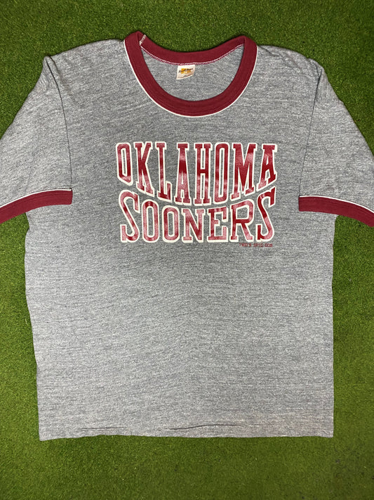 80s Oklahoma Sooners - Vintage College Ringer T-Shirt (XL) Gametime Vintage