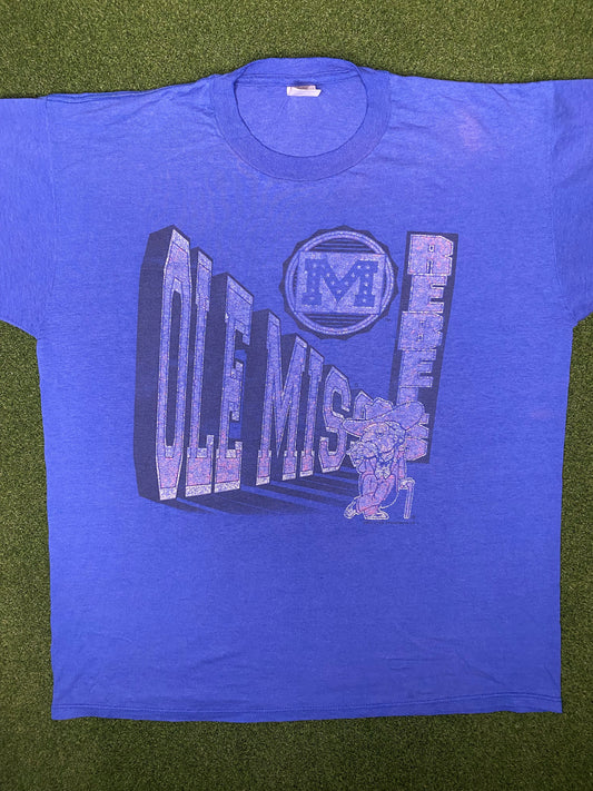 80s Ole Miss Rebels - Vintage College T Shirt (XL)