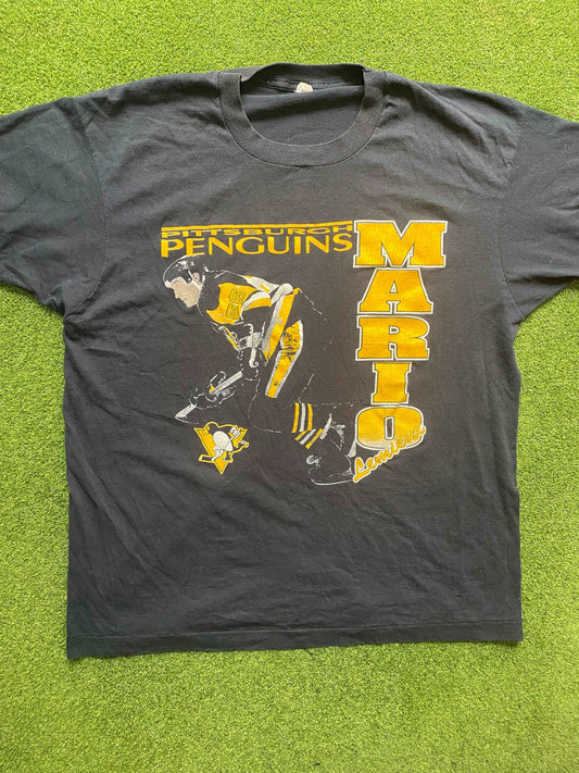 80s Pittsburgh Penguins - Mario Lemieux - Vintage NHL Player T-Shirt (XL)