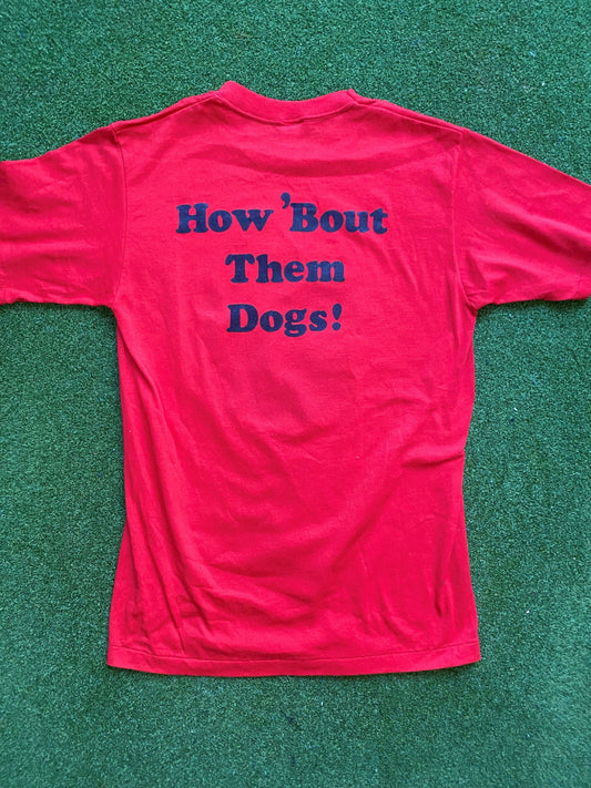 80s Georgia Bulldogs - Double Sided - "How 'Bout Them Dogs!" - Vintage College T-Shirt (Medium) - Gametime Vintage