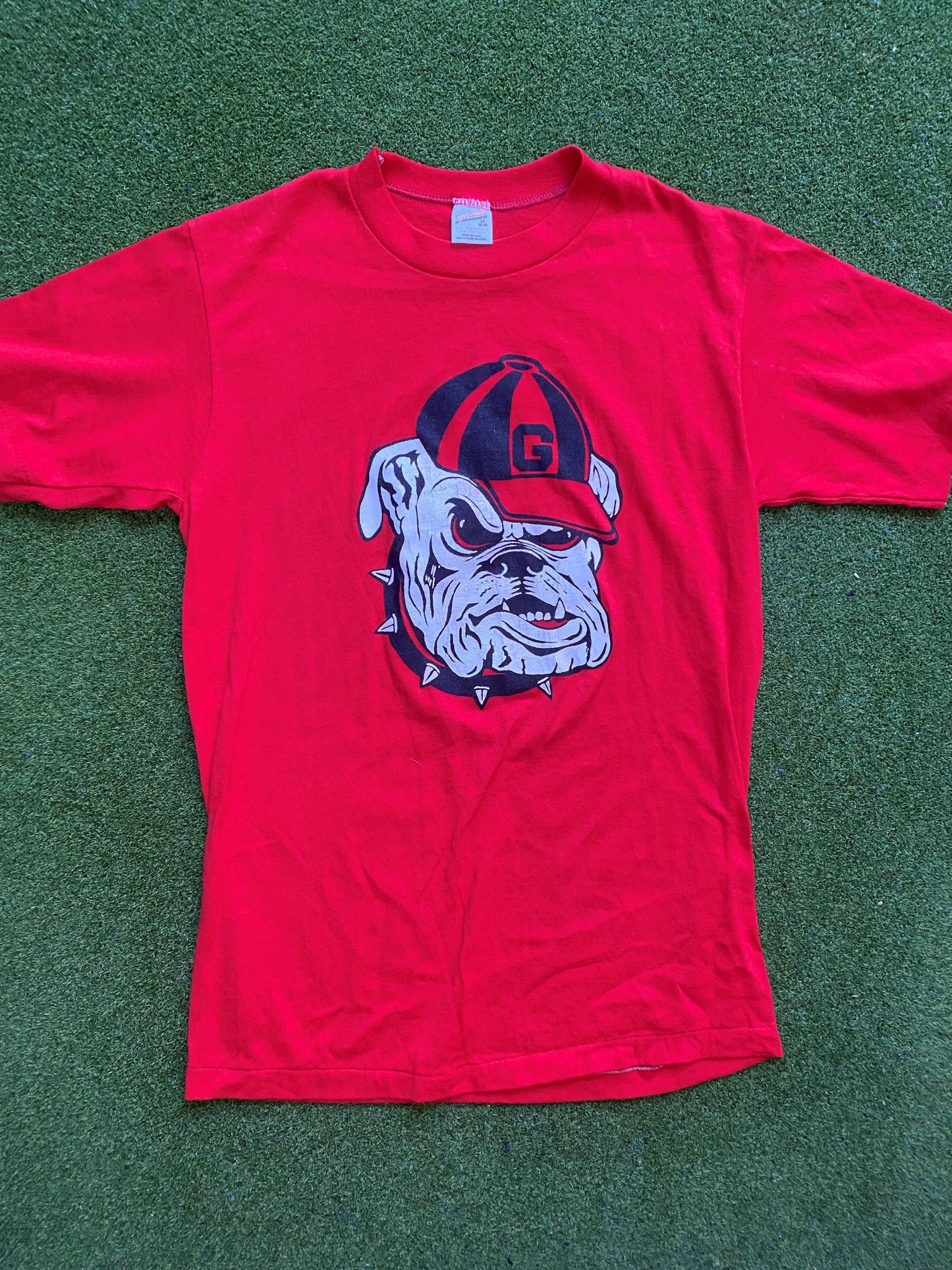 80s Georgia Bulldogs - Double Sided - "How 'Bout Them Dogs!" - Vintage College T-Shirt (Medium)