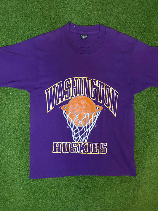 80s Washington Huskies - Vintage College Basketball Tee Shirt (Large)