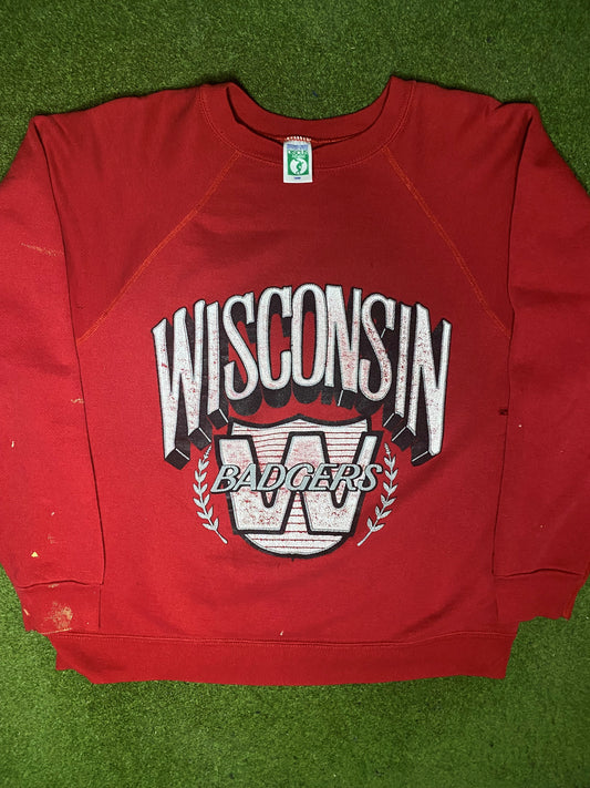 80s Wisconsin Badgers - Vintage College Crewneck Sweatshirt (Large) - Gametime Vintage