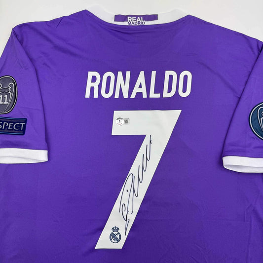 Framed Autographed/Signed Cristiano Ronaldo 35x39 Real Madrid Purple Soccer Jersey Beckett BAS COA