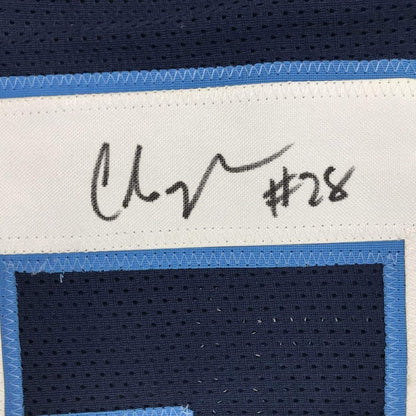 Framed Autographed/Signed Chris Johnson 35x39 Tennessee Dark Blue Football Jersey JSA COA