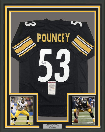Framed Autographed/Signed Maurkice Pouncey 35x39 Pittsburgh Black Football Jersey JSA COA