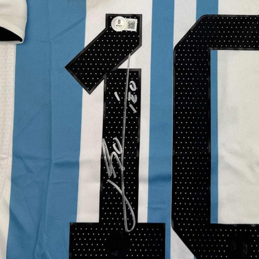Framed Autographed/Signed Lionel Leo Messi 35x39 Argentina Blue/White Soccer Jersey Beckett BAS COA