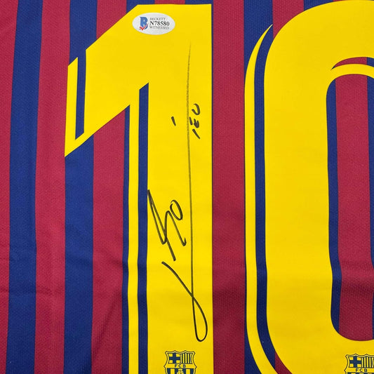 Framed Autographed/Signed Lionel Leo Messi 35x39 FC Barcelona Soccer Jersey Beckett BAS COA