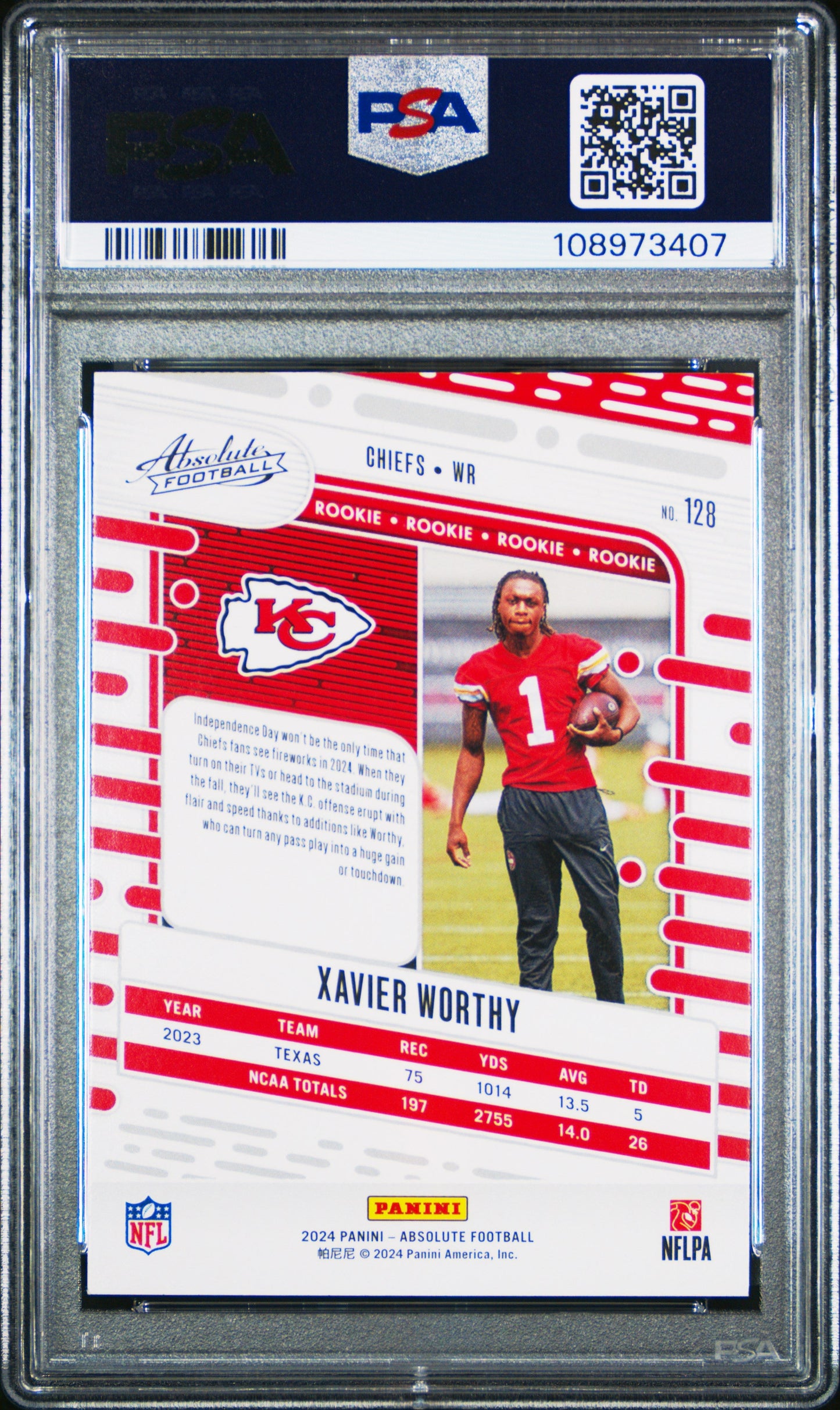 Graded 2024 Panini Absolute Xavier Worthy #128 Red/Blue Rookie RC Football Card PSA 10 Gem Mint