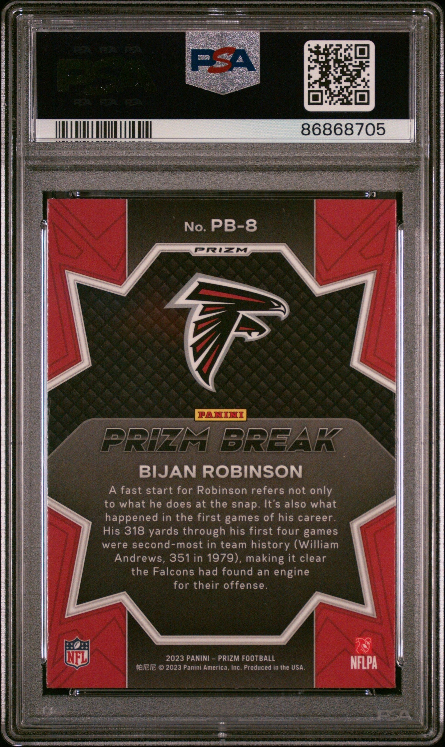 Graded 2023 Panini Prizm Bijan Robinson #PB8 Prizm Break Green Rookie RC Football Card PSA 10 Gem Mint
