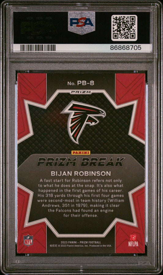 Graded 2023 Panini Prizm Bijan Robinson #PB8 Prizm Break Green Rookie RC Football Card PSA 10 Gem Mint