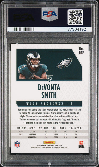 Graded 2021 Panini Phoenix DeVonta Smith #107 Fire Burst Rookie RC Football Card PSA 10 Gem Mint