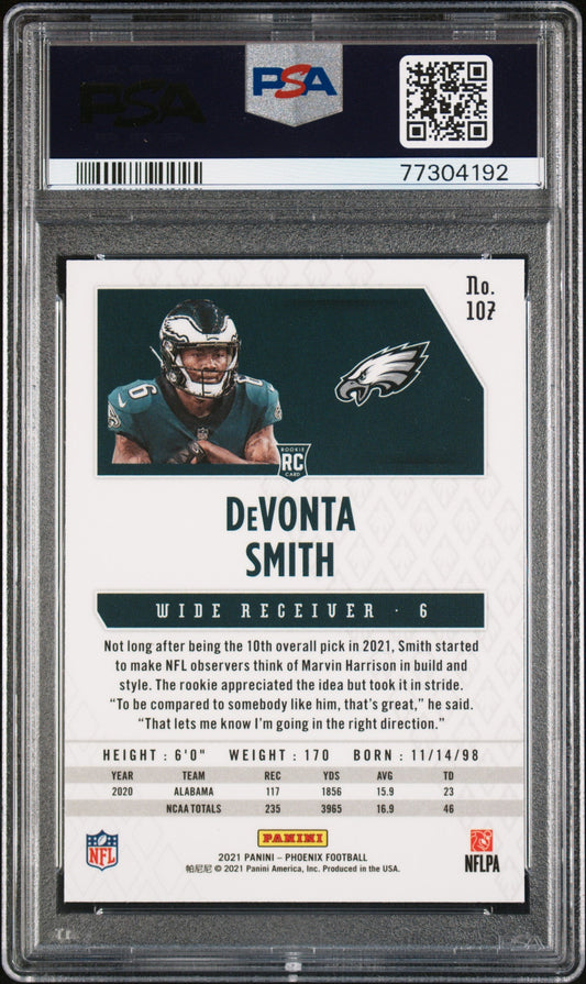 Graded 2021 Panini Phoenix DeVonta Smith #107 Fire Burst Rookie RC Football Card PSA 10 Gem Mint