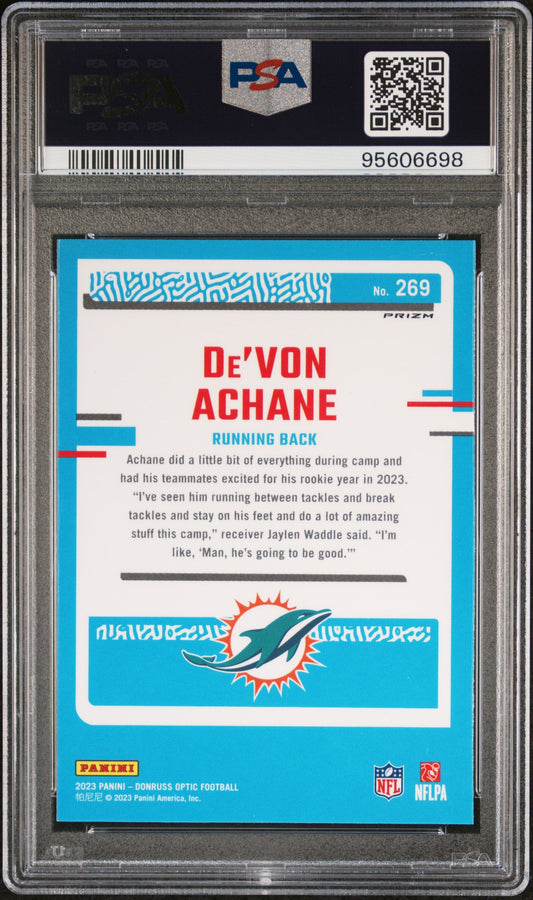 Graded 2023 Panini Donruss Optic Devon Achane #269 Green Hyper Rookie RC Football Card PSA 10 Gem Mint