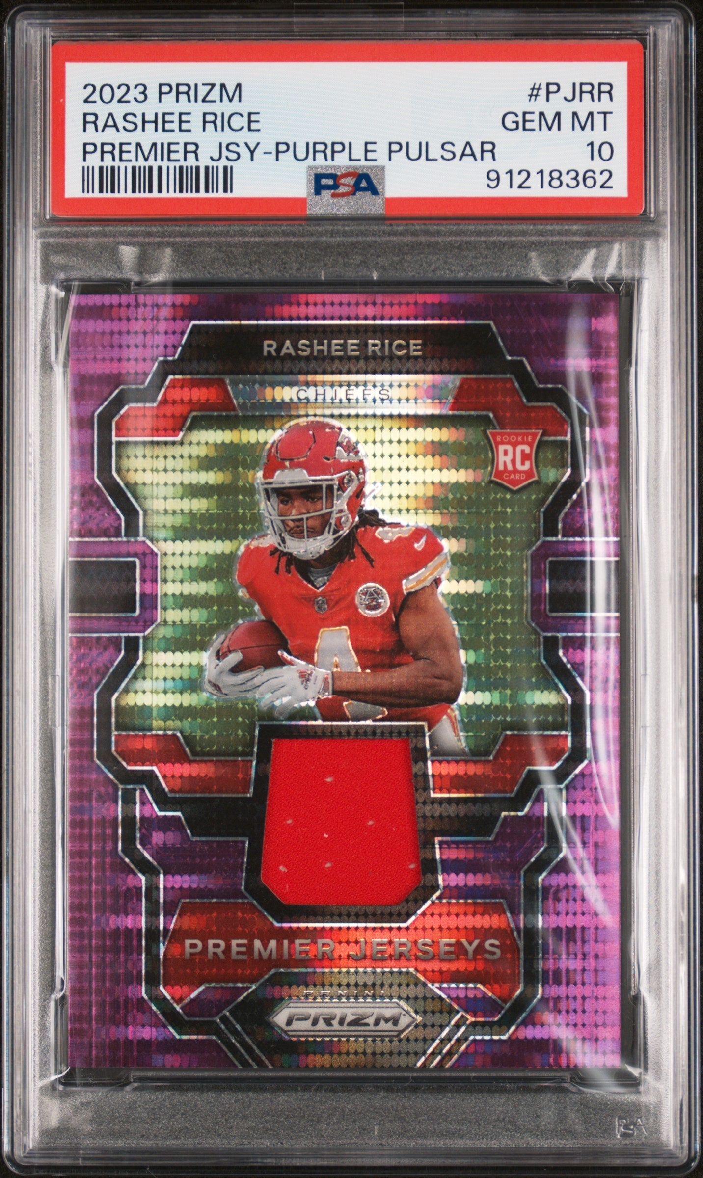 Graded 2023 Panini Prizm Rashee Rice #PJRR Premier Jersey Purple Pulsar Rookie RC Football Card PSA 10 Gem Mint