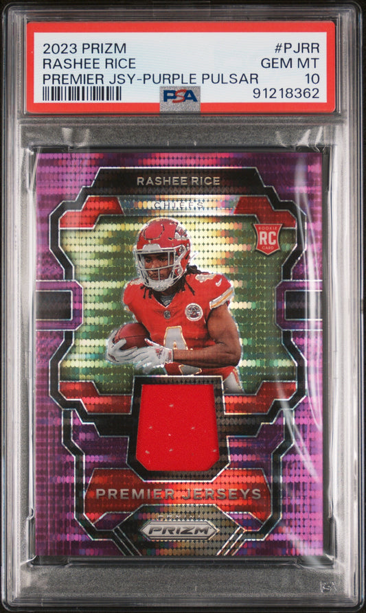 Graded 2023 Panini Prizm Rashee Rice #PJRR Premier Jersey Purple Pulsar Rookie RC Football Card PSA 10 Gem Mint