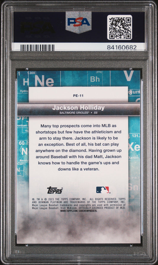 Graded 2023 Topps Bowman Platinum Jackson Holliday #PE11 Precious Element Rookie RC Baseball Card PSA 10 Gem Mint