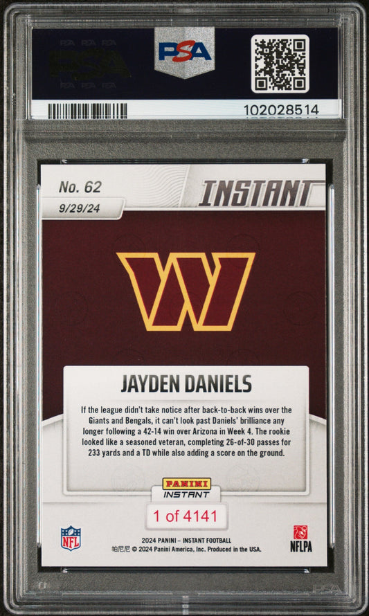 Graded 2024 Panini Instant NFL Jayden Daniels #62 Rookie RC Football Card PSA 10 Gem Mint
