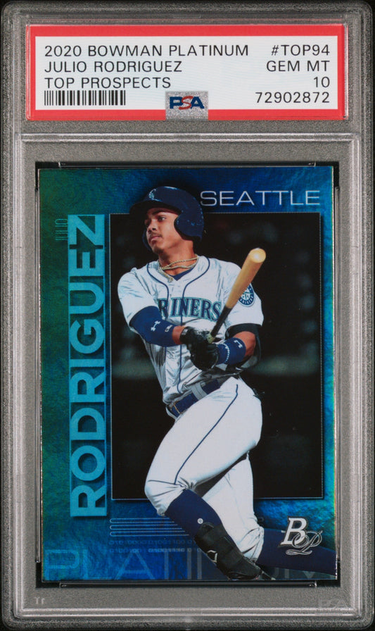 Graded 2020 Topps Bowman Platinum Julio Rodriguez #TOP94 Top Prospects Rookie RC Baseball Card PSA 10 Gem Mint