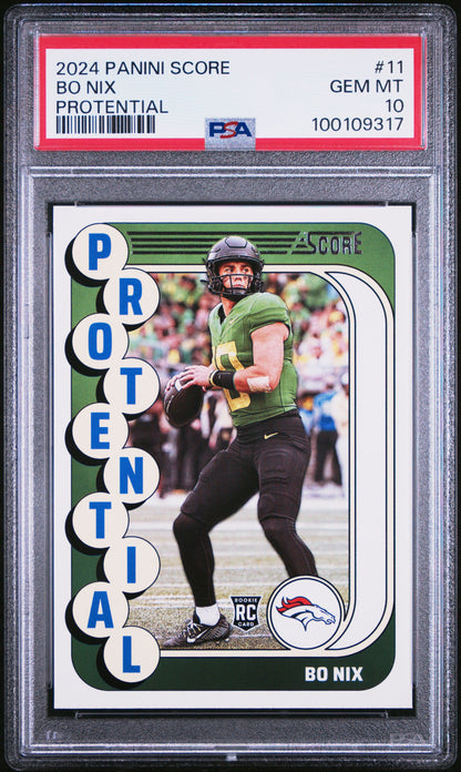Graded 2024 Panini Score Bo Nix #11 Protential Rookie RC Football Card PSA 10 Gem Mint