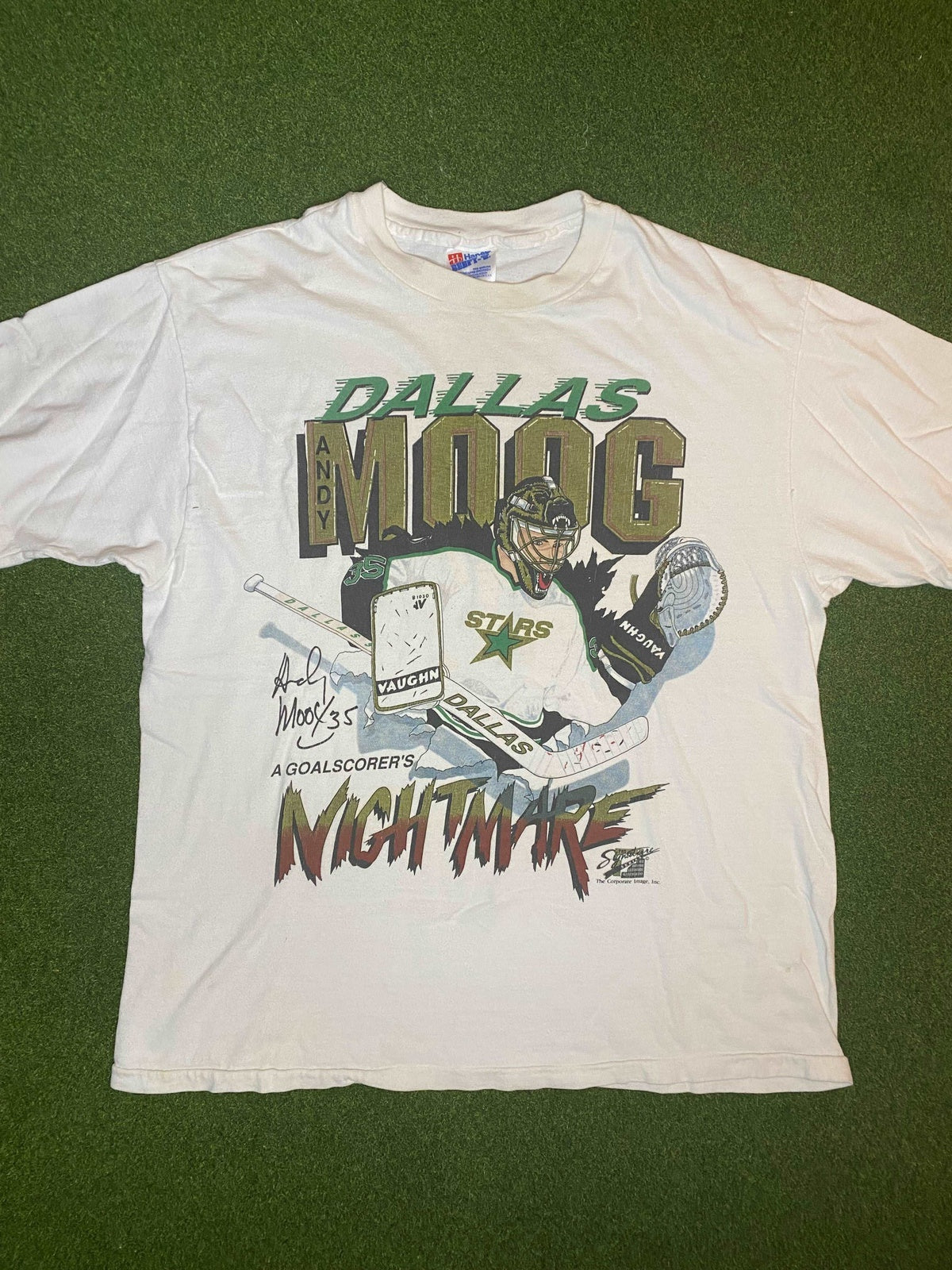 90s Dallas Stars - Andy Moog - Vintage NHL Player Tee Shirt (Large) Gametime Vintage