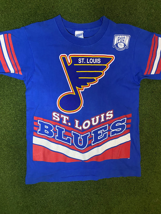 90s St. Louis Blues - Print All Over - Double Sided - Vintage NHL T-Shirt (Large)