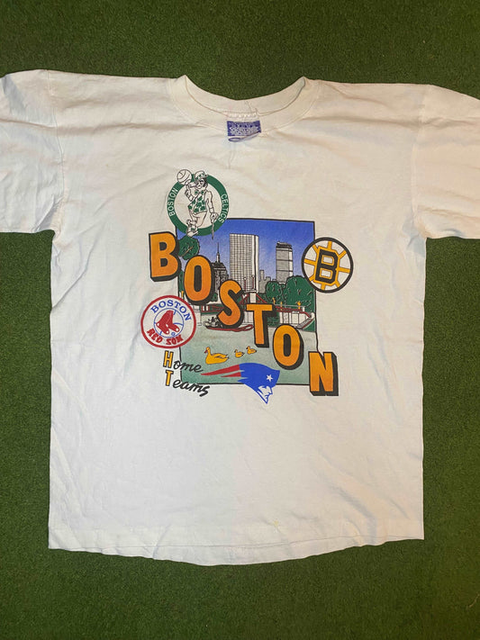90s Boston Sports - Celtics, Bruins, Red Sox and Patriots - Vintage Sports T-Shirt (Large) - Gametime Vintage