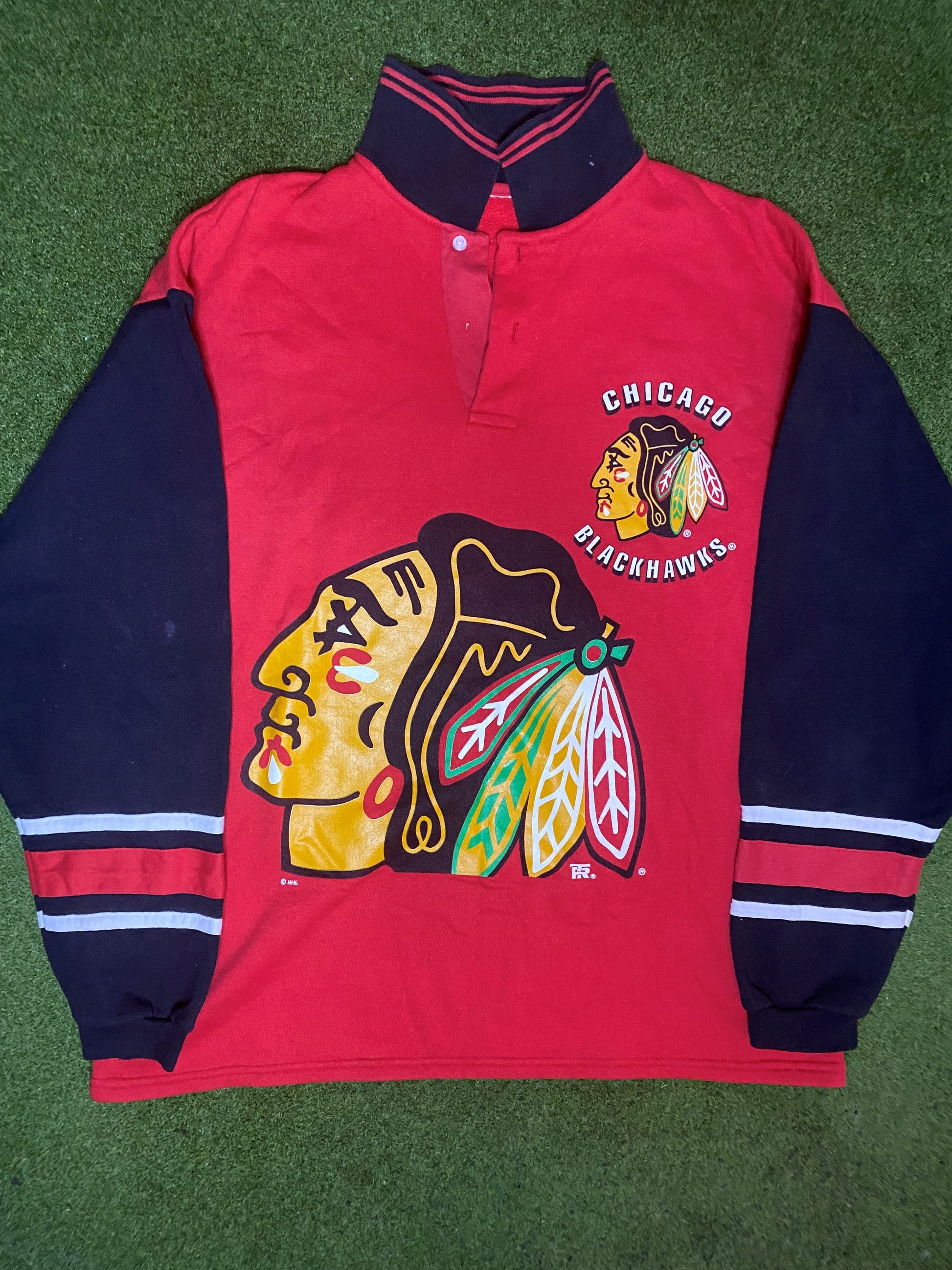 90s Chicago Blackhawks - Vintage NHL Collared Long Sleeve (XL) 