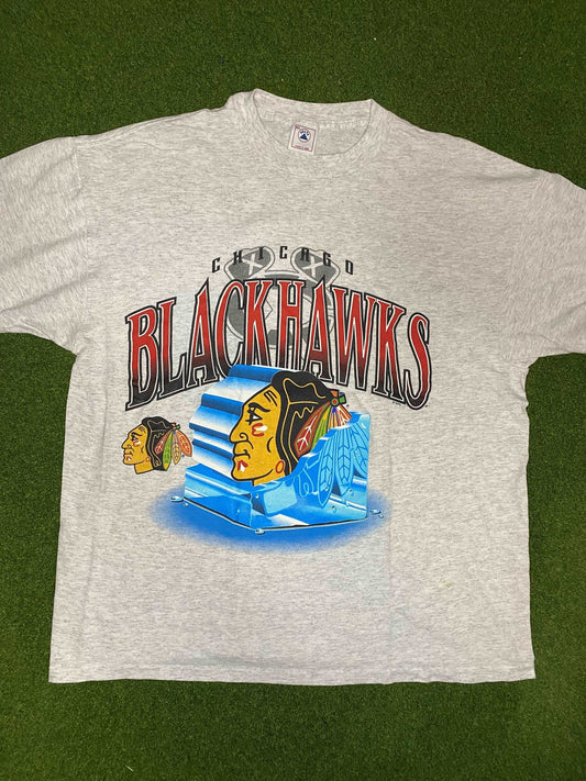 90s Chicago Blackhawks - Big Logo - Vintage NHL Tee Shirt (XL)