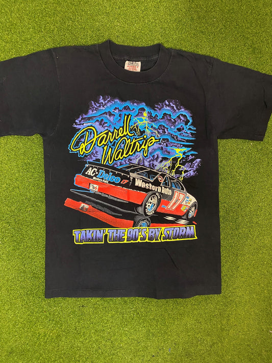 90s Darrell Waltrip - Takin The 90's By Storm - Vintage NASCAR Tee Shirt (Medium)