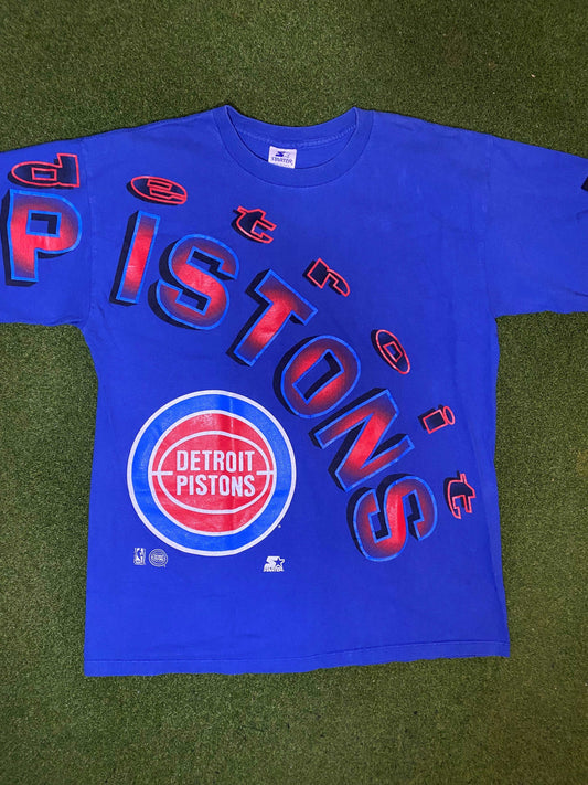 90s Detroit Pistons - Print All Over - Vintage NBA T-Shirt (Large) - Gametime Vintage