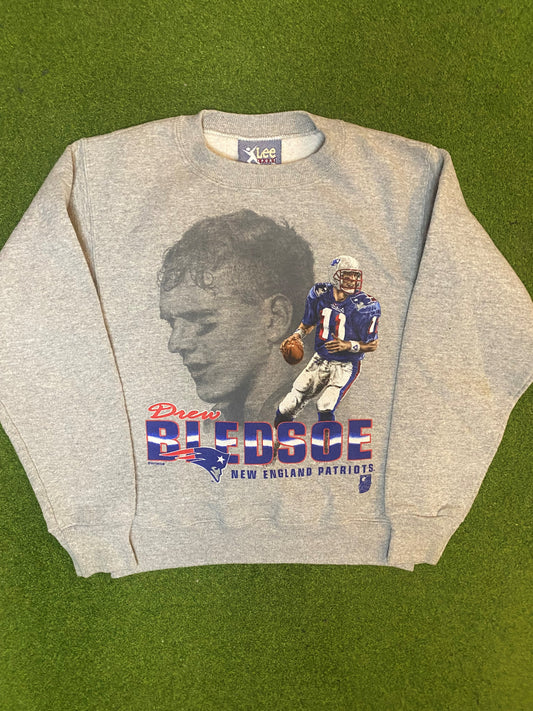 90s New England Patriots - Drew Bledsoe - Vintage NFL Player Sweatshirt (Youth Medium) - Gametime Vintage